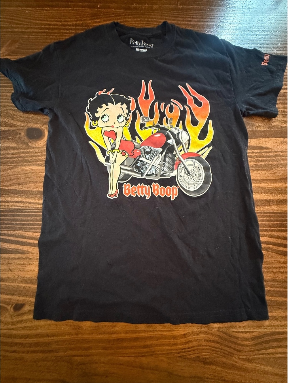 Betty Boop Black Graphic T-Shirt with Motorcycle and Flames Design, Size Small